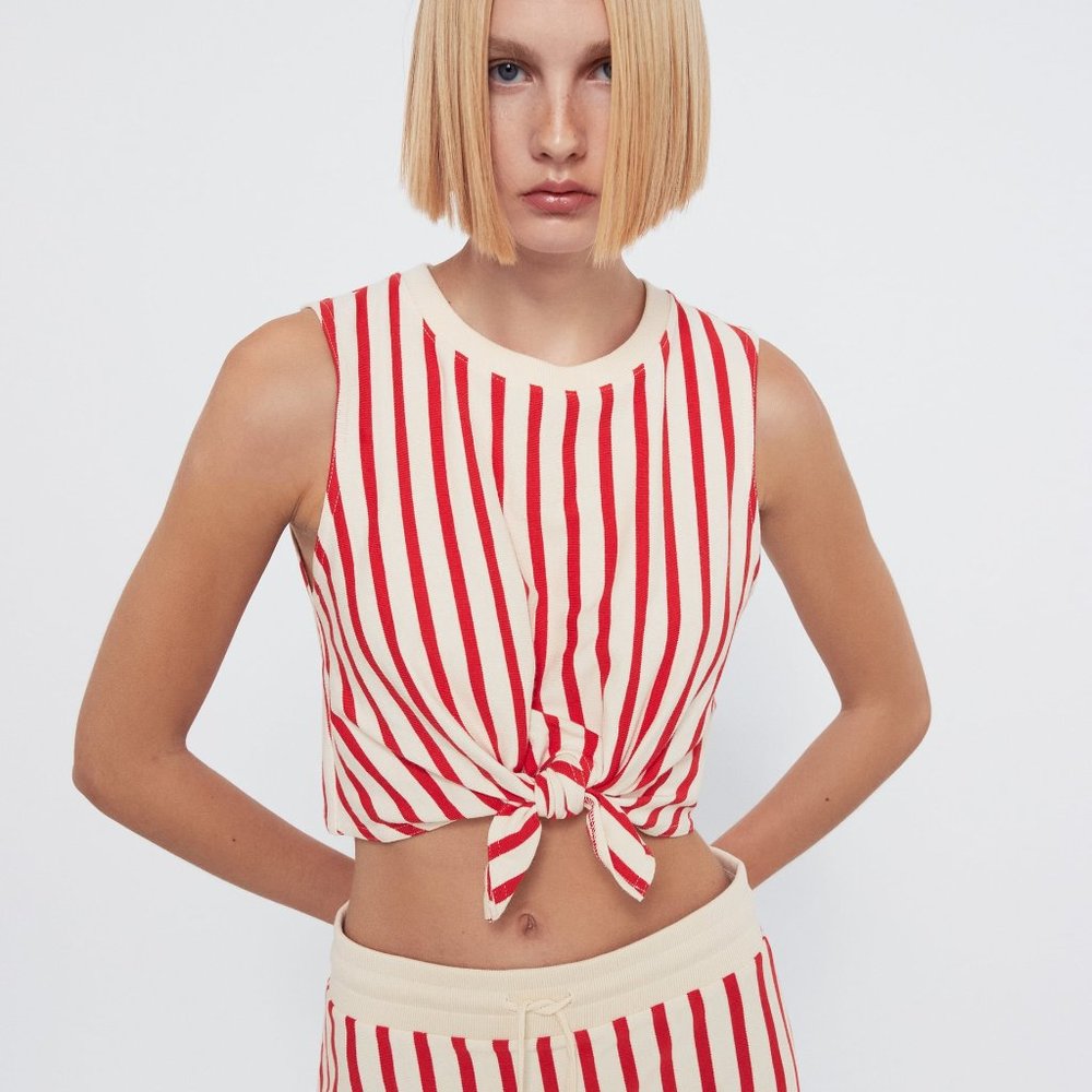 Zara Red and Cream Striped Tie-Front Crop Top